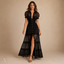 Women's Black Sheer Button Front Tiered Short Sleeve Maxi Dress