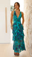 Women's Wedding Guest Printed V Neck Ruffle Tiered Maxi Dress